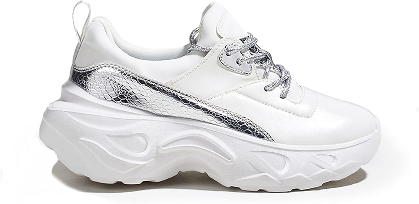 Women Holographic Iridescent Metallic Chunky Sneakers - White Shoes Ugly Dad Sneakers