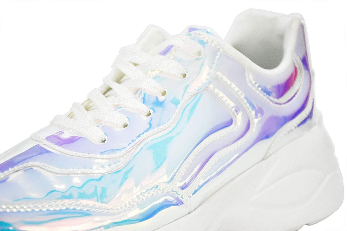 Women Holographic Iridescent Metallic Pink White Shoes Colorful Chunky Dad Sneakers