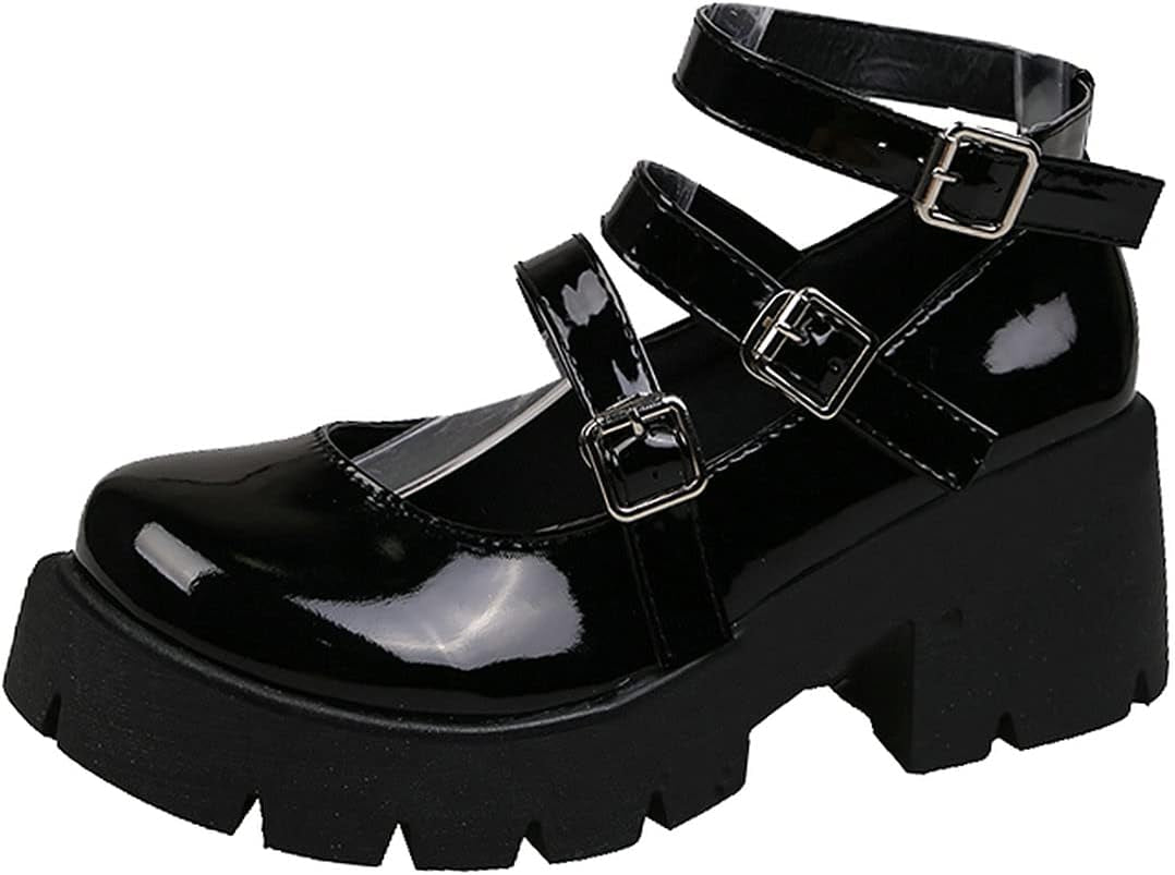 Women'S Goth Chunky Heel Mary Jane Gothic Lolita Platform Shoes Strappy round Toe Pumps (US 8, Patent Black)