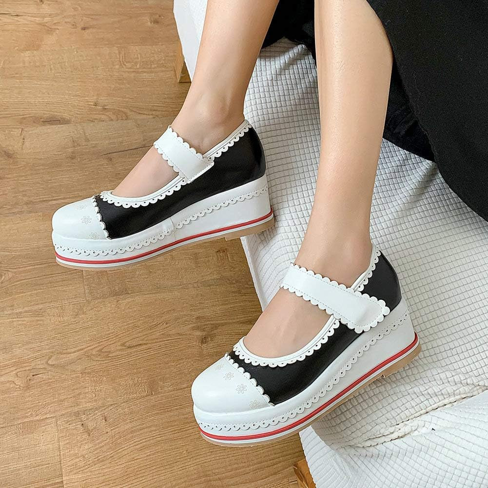 Women'S Cosplay Shoes Platform Goth Mary Janes Wedge Heel round Toe Cute Pumps (US 7, Black)