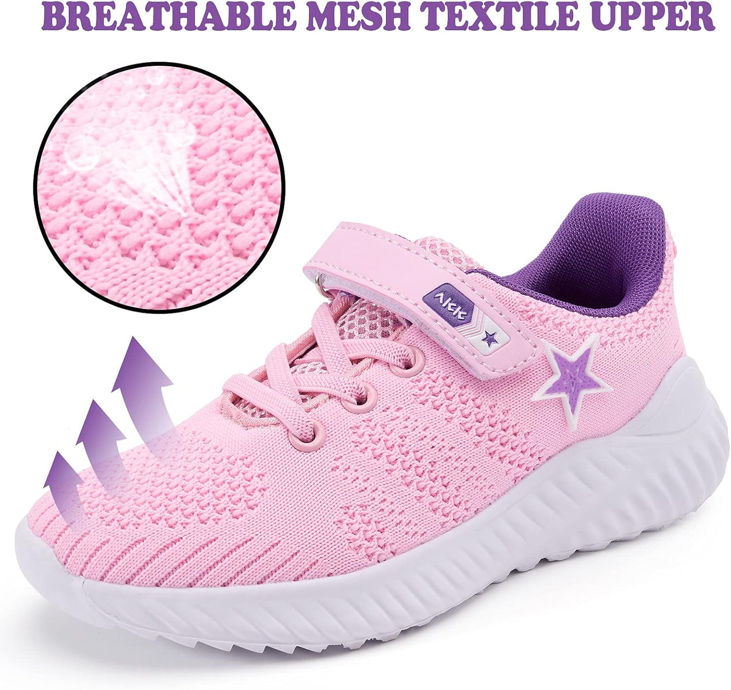 Girls Tennis Shoes – Star Kids Sneakers Non Slip Comfortable Lightweight Breathable for Walking Trial Running Gym Athletic Sport Pink
