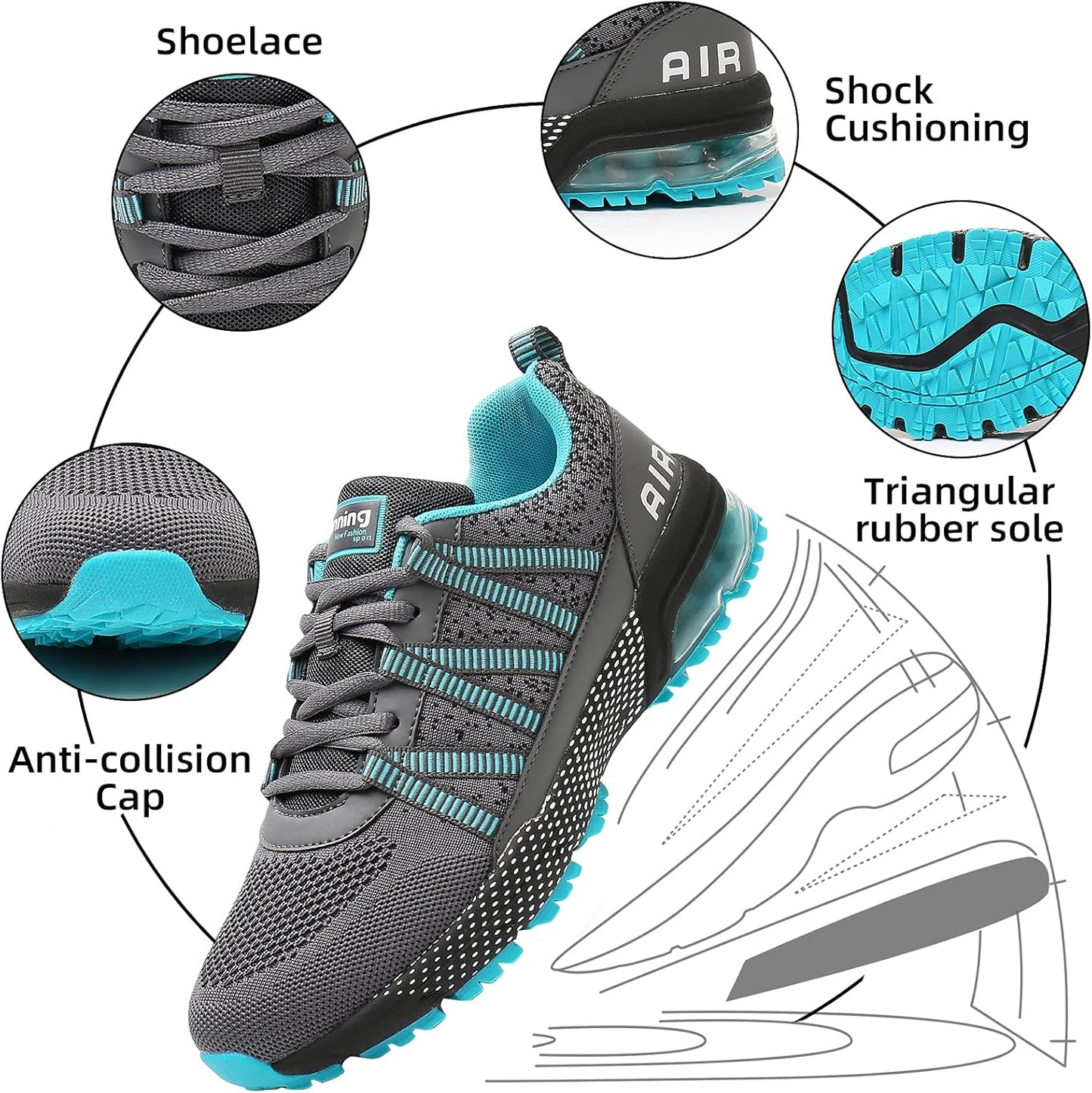 Women Running Shoes Air Cushion Shock Absorption Non Slip Sneakers Mesh Breathable Tennis Walking Shoes for Fitness Jogging Shopping Cyan 6.5