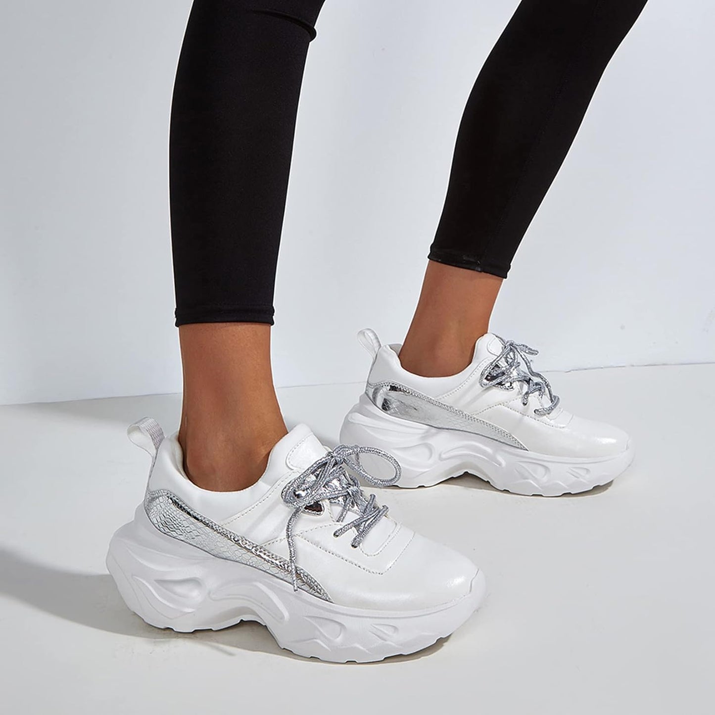 Women Holographic Iridescent Metallic Chunky Sneakers - White Shoes Ugly Dad Sneakers