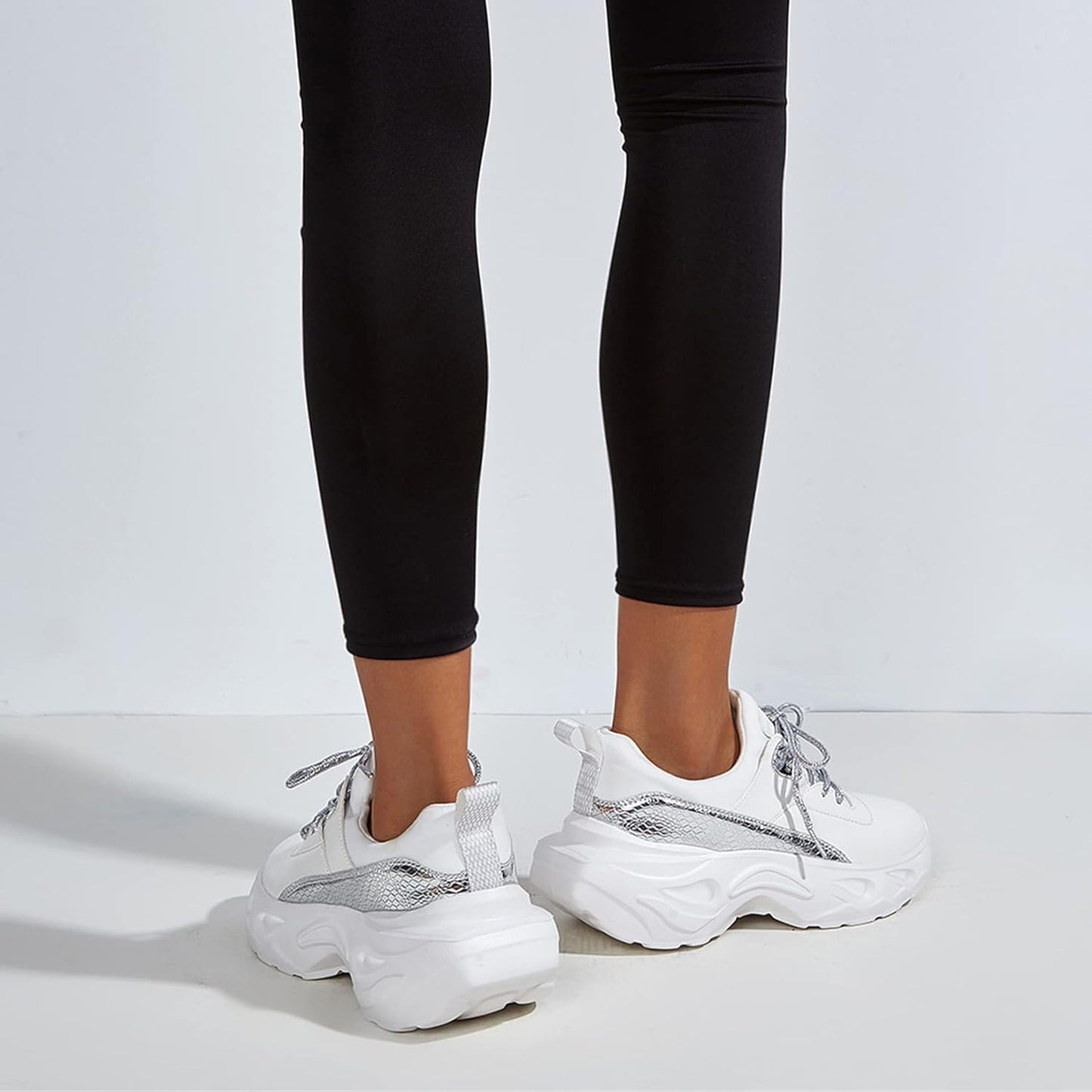 Women Holographic Iridescent Metallic Chunky Sneakers - White Shoes Ugly Dad Sneakers