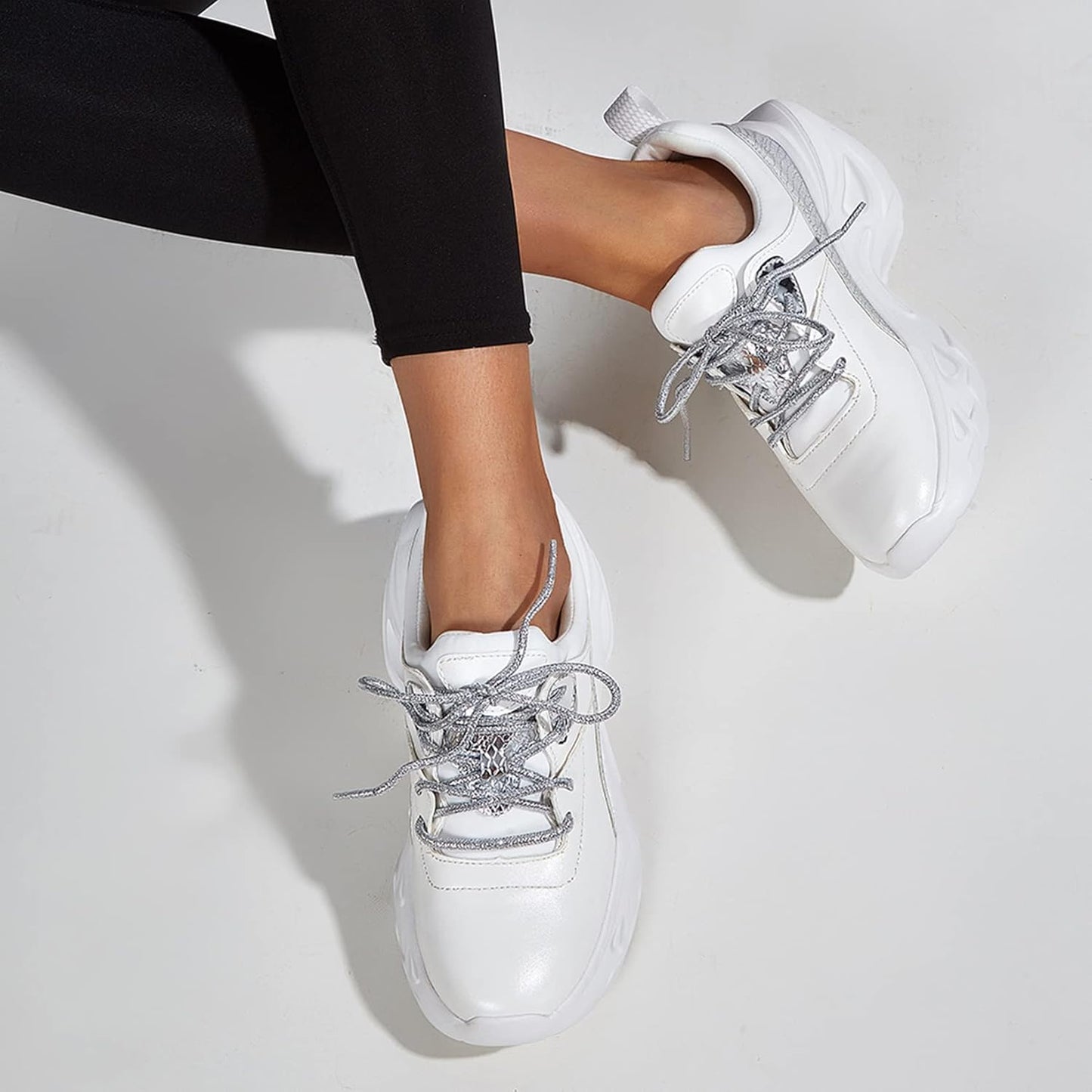Women Holographic Iridescent Metallic Chunky Sneakers - White Shoes Ugly Dad Sneakers