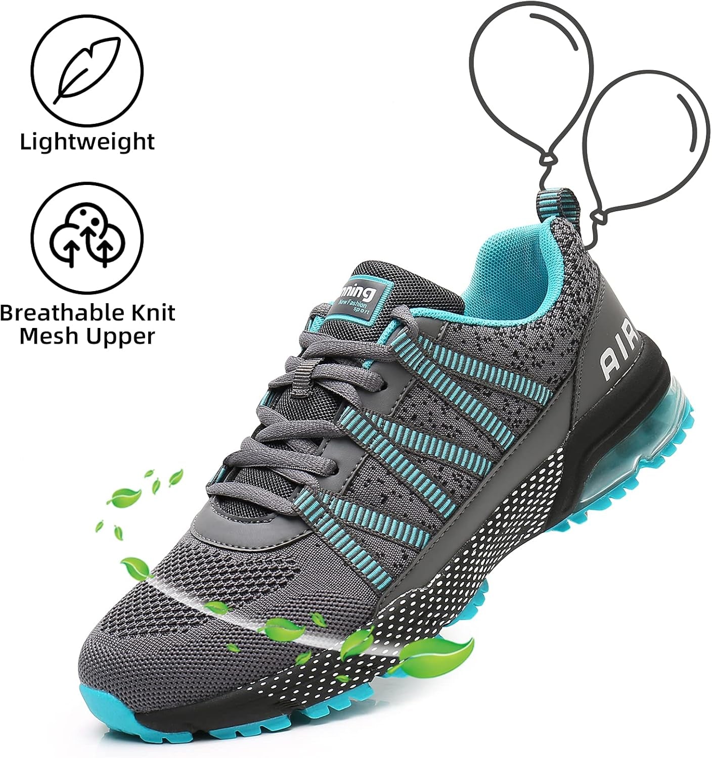 Women Running Shoes Air Cushion Shock Absorption Non Slip Sneakers Mesh Breathable Tennis Walking Shoes for Fitness Jogging Shopping Cyan 6.5