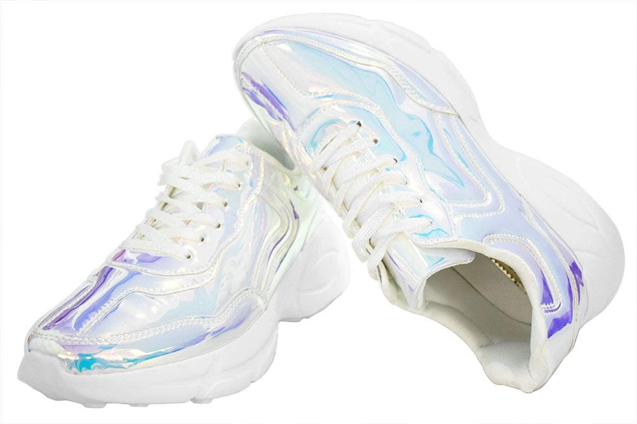 Women Holographic Iridescent Metallic Pink White Shoes Colorful Chunky Dad Sneakers