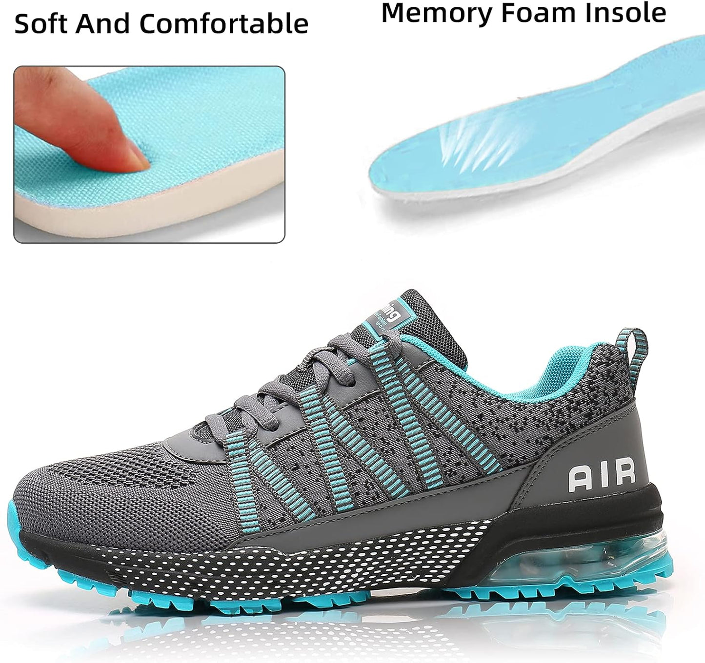 Women Running Shoes Air Cushion Shock Absorption Non Slip Sneakers Mesh Breathable Tennis Walking Shoes for Fitness Jogging Shopping Cyan 6.5