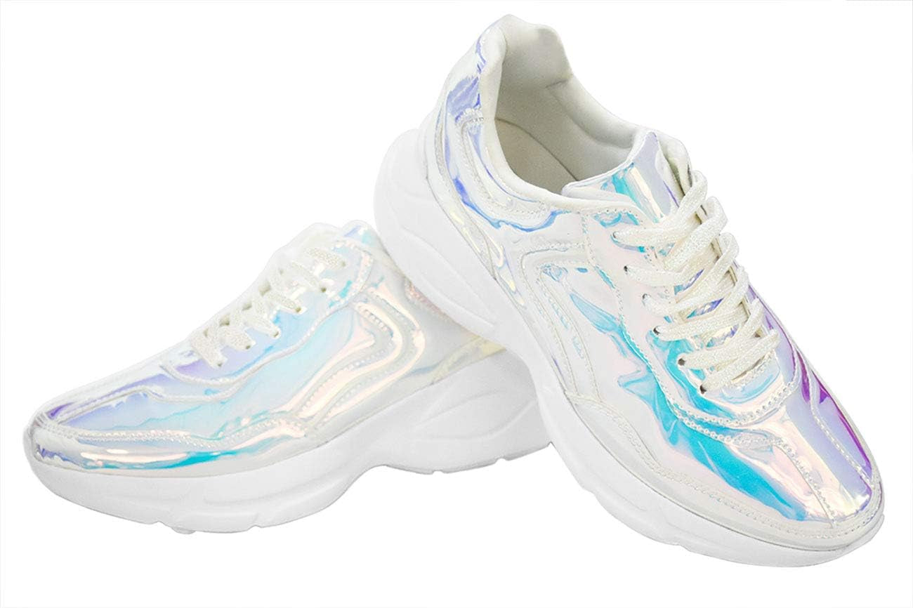 Women Holographic Iridescent Metallic Pink White Shoes Colorful Chunky Dad Sneakers