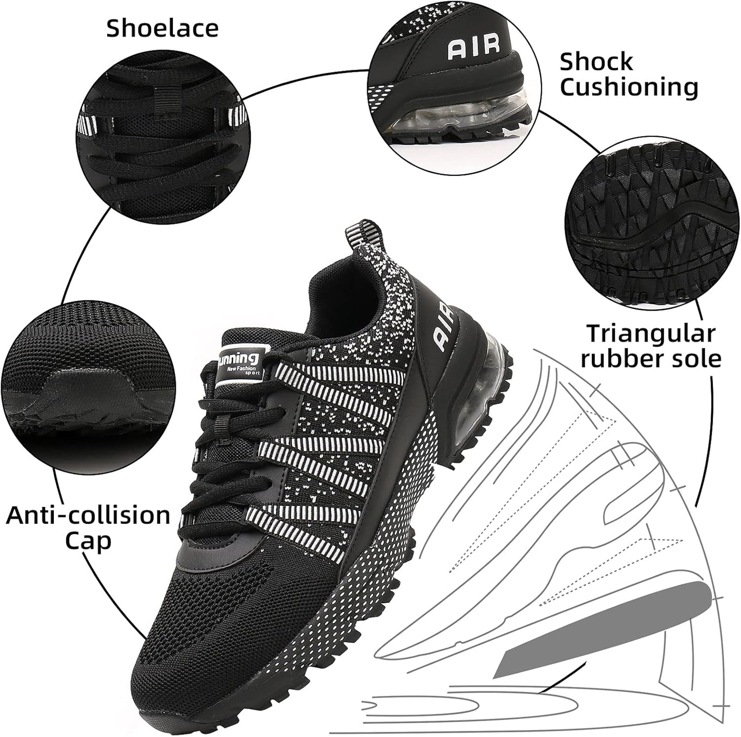 Women Running Shoes Air Cushion Shock Absorption Non Slip Sneakers Mesh Breathable Tennis Walking Shoes for Fitness Jogging Shopping Black 5.5