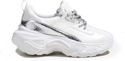 Women Holographic Iridescent Metallic Chunky Sneakers - White Shoes Ugly Dad Sneakers
