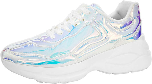 Women Holographic Iridescent Metallic Pink White Shoes Colorful Chunky Dad Sneakers