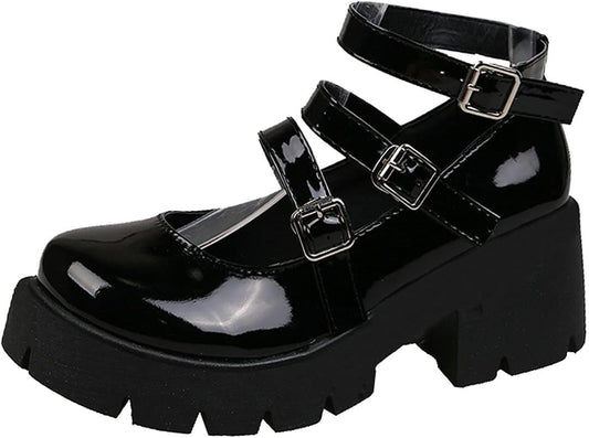 Women'S Goth Chunky Heel Mary Jane Gothic Lolita Platform Shoes Strappy round Toe Pumps (US 8, Patent Black)