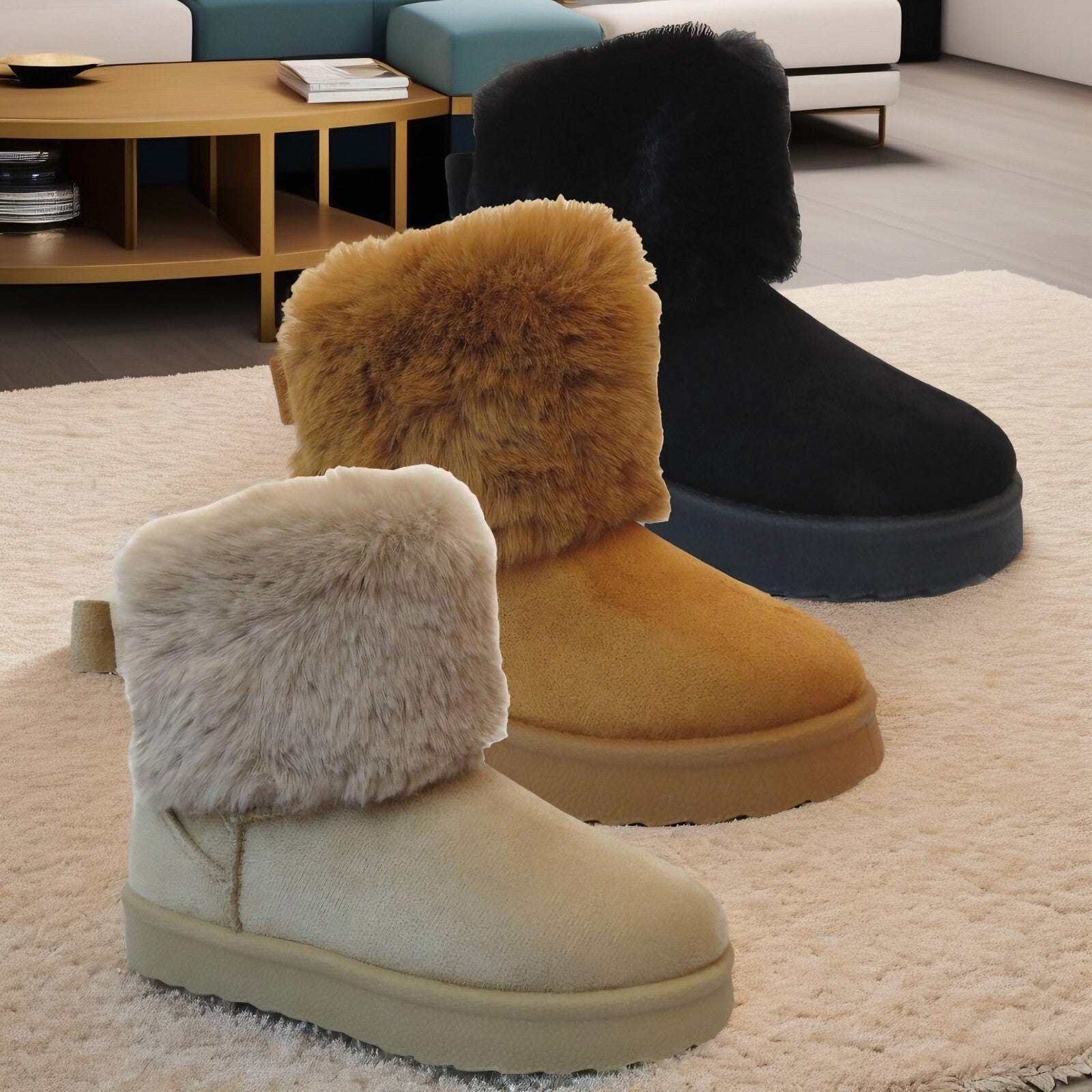 GIRLS WINTER FUR LINED COLLAR WINTER COSY KIDS FASHION SHOES SNUG ANKLE BOOTS