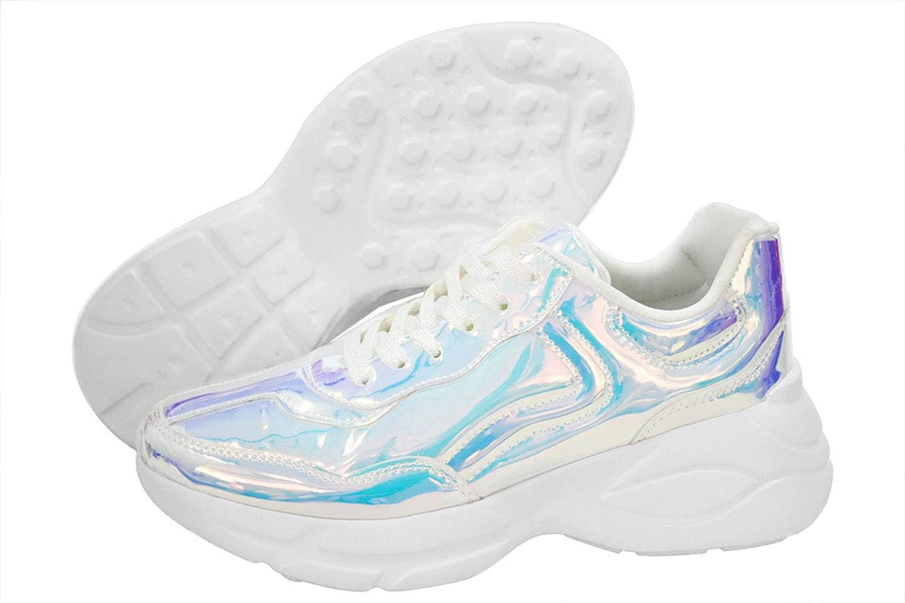 Women Holographic Iridescent Metallic Pink White Shoes Colorful Chunky Dad Sneakers