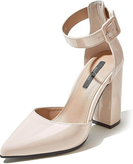 Square Heel Daily Sandals Women'S Chunk High Heels Buckles Ankle Strap Closed Point Toe D'Orsay Sandals Adjustable Lady Elegant Work Leisure Spring Women Strap Pointy Shoes Nude,P,T,10