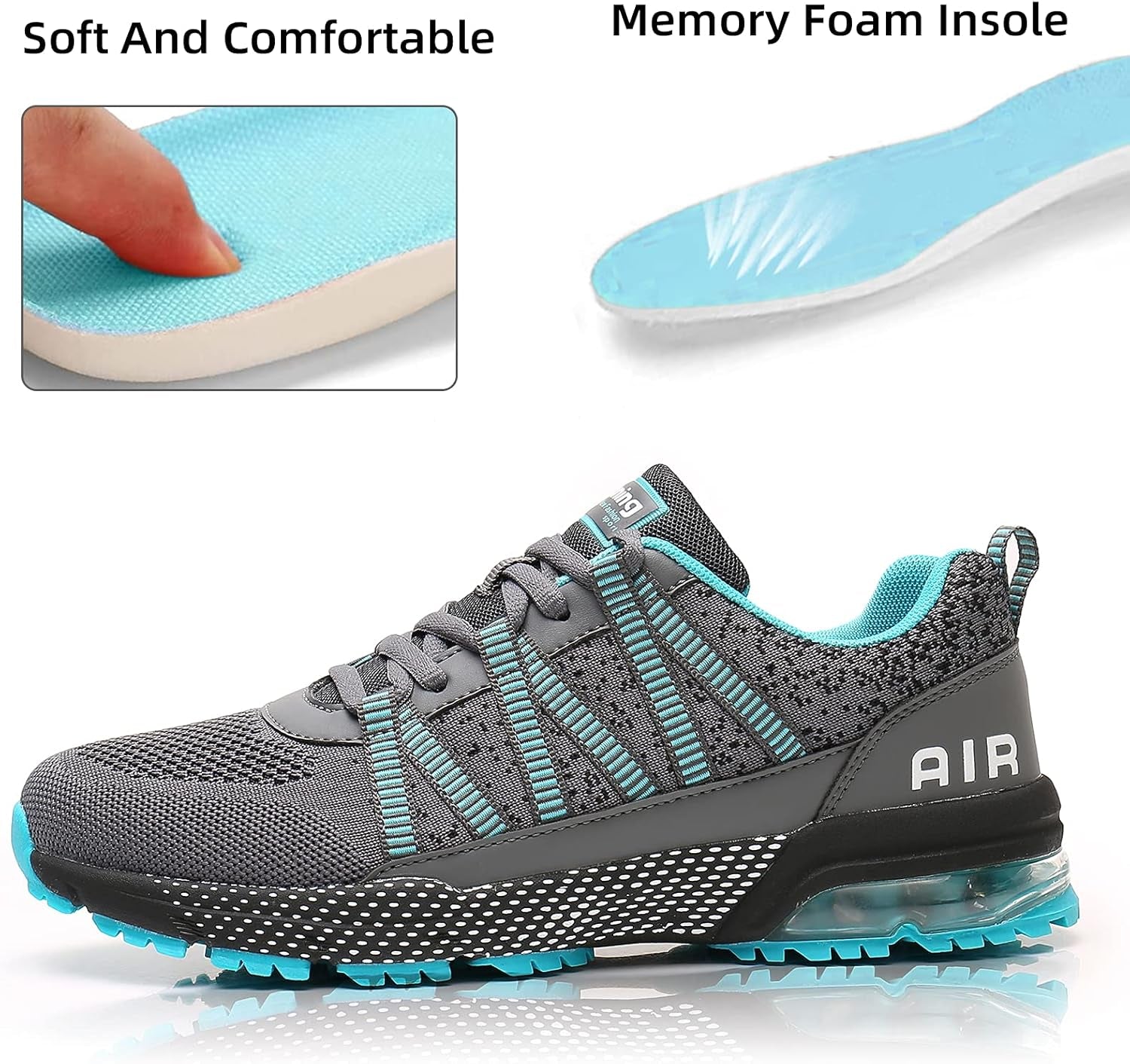 Women Running Shoes Air Cushion Shock Absorption Non Slip Sneakers Mesh Breathable Tennis Walking Shoes for Fitness Jogging Shopping Cyan 6.5