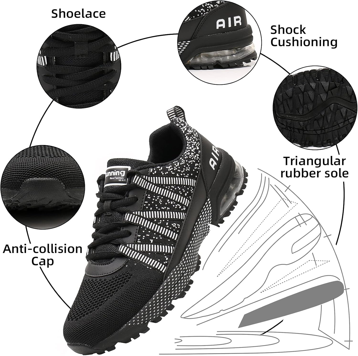 Women Running Shoes Air Cushion Shock Absorption Non Slip Sneakers Mesh Breathable Tennis Walking Shoes for Fitness Jogging Shopping Black 5.5